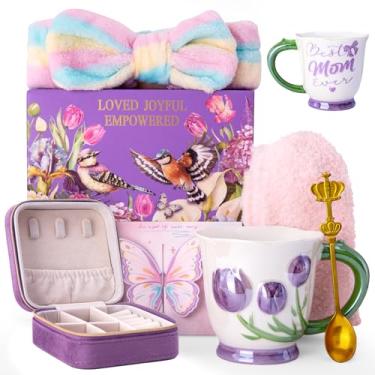 Imagem de Presentes de aniversário para mãe da filha filho, 7 peças, conjunto de presentes de tulipa para mãe, presentes para sua mãe, aniversário, Natal - Caneca de cerâmica perolada de 510 g, caixa de joias