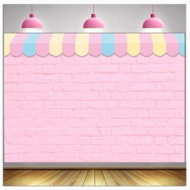 Imagem de Fundo fotográfico de parede de tijolos rosa para sorveterias, princesas, meninas, bebês, meninas, aniversário, festa, sobremesa, bolo, decoração de mesa, adereços (20 x 15 cm)
