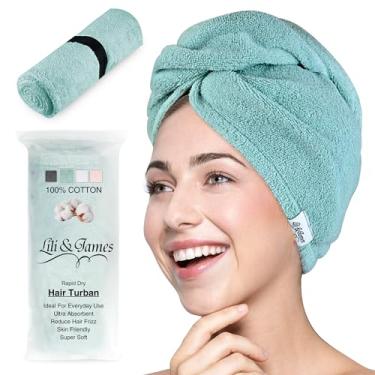 Imagem de Lili&James Toalha de cabelo de algodão para mulheres/crianças | Toalhas de cabelo de secagem rápida, macias e absorventes com botão duplo | Turbantes de cabelo antifrizz, sem microfibra para cabelos