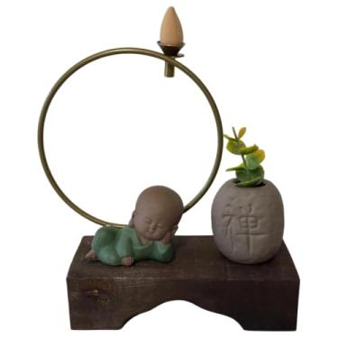 Imagem de Incensário Cascata Monge Buda Zen Deitado Com Vaso Madeira Cerâmica Metal 16cm