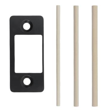 Imagem de Geesatis Placa de ataque restaurador de fechadura de aço inoxidável, placa de bloqueio de canto redondo com tiras de madeira, placa traseira universal para desalinhamento fácil de reparar porta