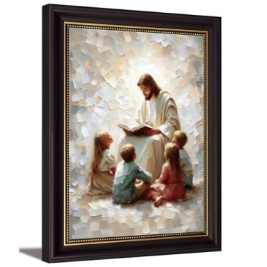 Imagem de Arte de parede em tela marrom escuro emoldurado Jesus ensinando crianças cristã quarto de crianças decoração de parede imagem crianças de Deus impressão de pôster aquarela para quarto de crianças