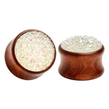 Imagem de Lirzxin Túneis de calibre, 2 peças, túneis de madeira para orelhas, alargador duplo, pedra branca sólida, calibres de orelha, 12 mm, marrom