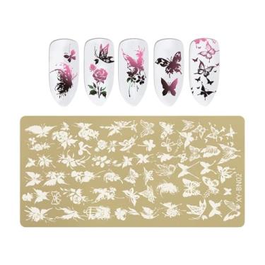 Imagem de Modelo de manicure retangular profissional de aço inoxidável com padrões florais de borboleta para unhas, placa de carimbo de unha, padrões complexos