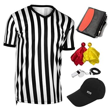 Imagem de Conjunto de 6 peças de fantasia de árbitro oficial masculino, gola em jérsei de árbitro oficial com gola em V, cartas de árbitro, chapéu apito com cordão e bandeira de penalidade, necessidades de árbitro para basquete, futebol e futebol