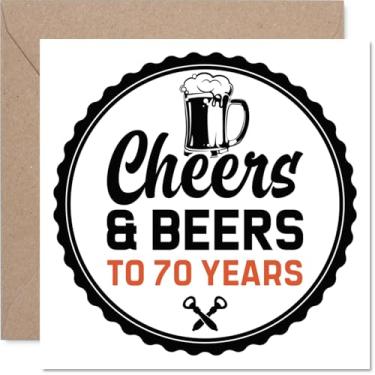 Imagem de Stuff4 Cartões de aniversário de 70 anos para homens - Cheers & Beers - Cartão de feliz aniversário para homem de 70 anos marido pai tio avô, cartões comemorativos de aniversário de 14 cm