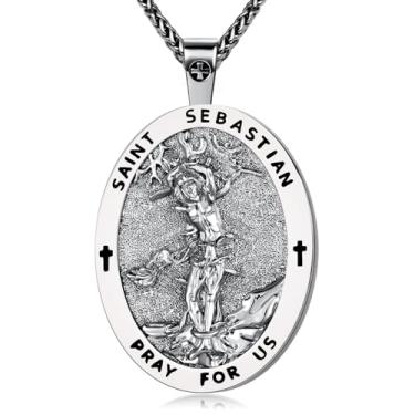 Imagem de Colar de medalhão oval de São Miguel, cobre banhado a ouro, pingente de 5 x 3 cm com corrente de 40 cm + 5 cm, medalha de oração de proteção religiosa, colares com pingente de cruz religiosa com