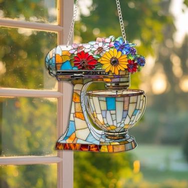 Imagem de Misturador de flores estilo vitral Suncatcher - 15 cm pendurado em acrílico para janela - Misturador de luz floral colorido para cozinha ou casa - Ornamento plano 2D presente para amigos e padeiros