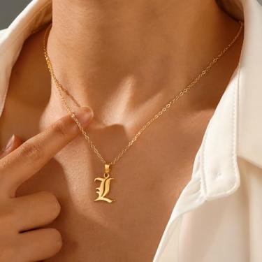 Imagem de Colar feminino com pingente de inicial delicado banhado a ouro 14 K, estilo gótico, antigo, letra A-Z, hipoalergênico, ajustável, joias modernas, presentes de aniversário personalizados para mulheres