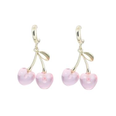 Imagem de Brincos fofos de resina de cereja vermelho engraçado pingente de gota pingente de fruta pingente de folha fofa joia de presente estética para mulheres, Zinco, Sem pedra preciosa