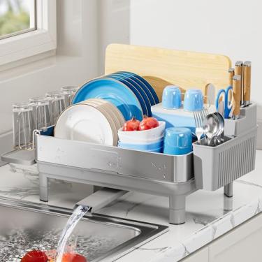 Imagem de Ewaiira Escorredor de louça, escorredor de pratos de aço inoxidável para balcão de cozinha, escorredor de pratos com drenagem automática, suporte de utensílios e porta-copos, organizador de cozinha