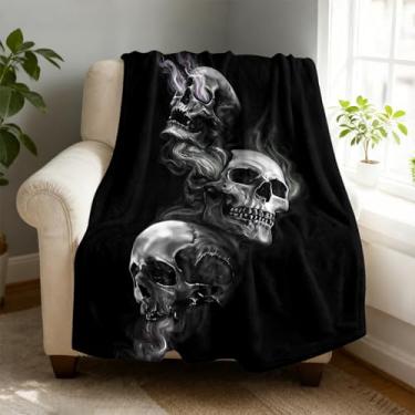 Imagem de Cobertor de lã de caveira preta 101,6 x 127 cm para sofá cama, cobertor de flanela de microfibra super macio e aconchegante leve para mulheres, homens e crianças