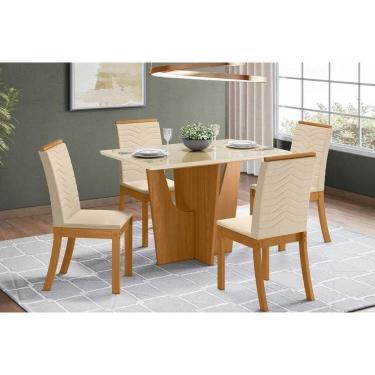 Imagem de Conjunto Mesa De Cozinha Vértice Tampo Madeirado Com Vidro Canto Reto 120x80cm E 4 Cadeiras Isa Nature Linho Henn