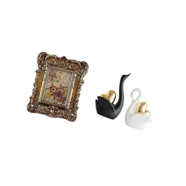 Imagem de Fenteer Conjunto de Porta-retratos E Estatuetas de Cisne Floral, Elegante Suporte de Mesa E Parede para Fotos Antigas com Decoração Artística de Casal para Pr