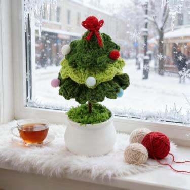 Imagem de 1 árvore de Natal de crochê, decoração de plantas em vaso de malha feita à mão, árvore de fio artificial para exibição sazonal de casa e escritório