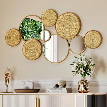 Imagem de Espelho de parede redondo dourado - Espelho dourado redondo irregular de 114 x 58 cm para decoração de parede, espelhos circulares pendurados decorativos para sala de estar banheiro quarto entrada