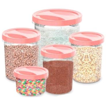 Imagem de Conjunto de Potes Organizadores com Tampa Rosqueável, 5 Peças, Plástico Transparente com Tampa Rosa, para Armazenamento de Alimentos