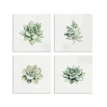 Imagem de Kunstorner Decoração de parede suculenta para banheiro, conjunto de 4 fotos suculentas para banheiro, aquarela, folhas verdes, impressão de plantas, decoração de banheiro, 30,5 x 30,5 x 4 peças