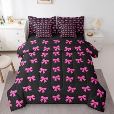 Imagem de Erosebridal Conjunto de cama solteiro kawaii, laço rosa, fita rosa, 7 peças, com lençóis, gravata borboleta fofa, para crianças, meninos e meninas