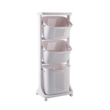 Imagem de Cesta de lavanderia de 2/3 camadas com rodas – Organizador de carrinho doméstico com rodinhas para roupas, brinquedos e mais (material PP, capacidade de 25 kg)