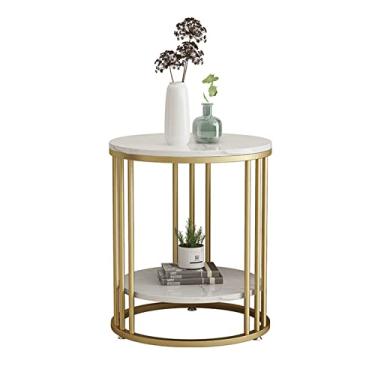 Imagem de Mesa lateral redonda pequena de 2 camadas com prateleira de armazenamento, tampo de mármore moderno e moldura de metal, para sala de estar e quarto (ouro 40 x 40 x 55 cm)