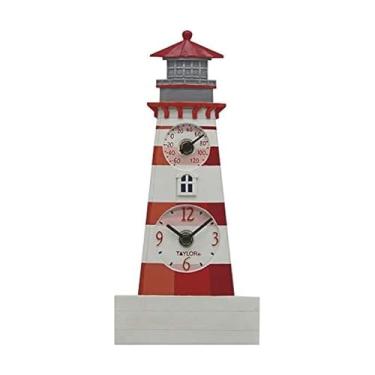 Imagem de Taylor Relógio e termômetro de resina poli Lighthouse para ambientes internos e externos, decoração de casa para jardim, pátio, piscina e áreas internas, 30,5 cm, multicolorido