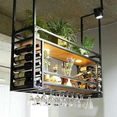 Imagem de JSJIOAYOWHF Rack de vinho com luzes, suporte de garrafa de metal vintage para pendurar embaixo do armário, cozinha e bar - expositor de armazenamento de prateleira de vidro para taças