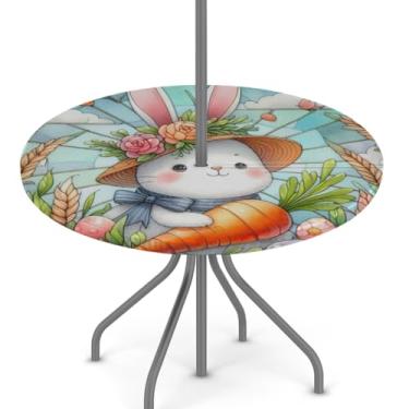 Imagem de hongjinglin Toalha de mesa de Páscoa para uso ao ar livre com orifício para guarda-chuva, toalha de mesa redonda elástica com zíper, impermeável, limpável, para piquenique, festa, pátio, serve para