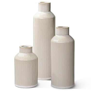 Imagem de Wancetang Conjunto de 3 vasos de cerâmica branca, vaso de fazenda com nervuras para flores, vasos pequenos decorativos para decoração de casa, decoração de fazenda, sala de estar, cozinha, quarto