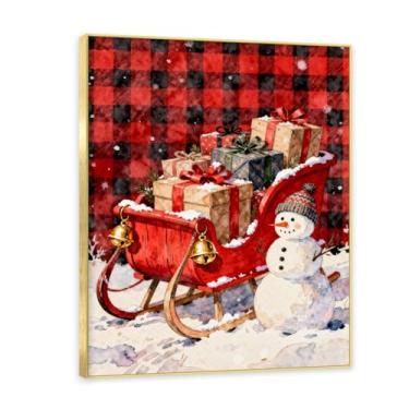 Imagem de NHLDZYH Moldura dourada. Imagem de Natal retrô country pintura em tela com padrão xadrez vermelho preto cores suaves country aconchegante decoração de Natal. A43. 60 x 80 cm
