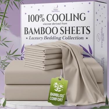 Imagem de SLEEP SANCTUARY Viscose 100% orgânica derivada de lençóis de bambu tamanho casal 6 peças - ultra macio e refrescante, bolso profundo de 43 cm, costura dupla, perfeito para quem dorme quente - Lençóis