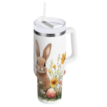 Imagem de ATTX Coelho fofo da Páscoa de 850 g (4) copo com alça, copo de aço inoxidável a vácuo de parede dupla com palha, caneca de café de viagem isolada #78