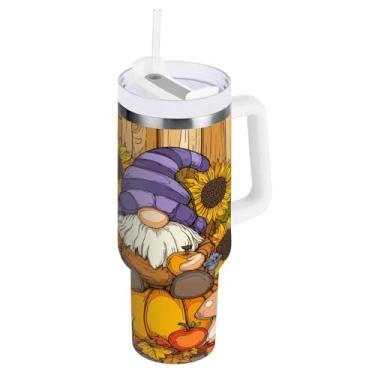 Imagem de Blueangle Copo de gnomos de folhas de outono de 850 g com alça e tampa de palha, copo isolado reutilizável de aço inoxidável garrafa de água caneca de viagem (120)
