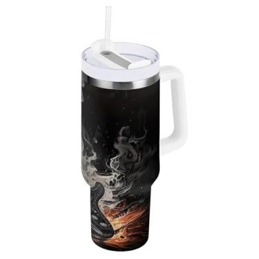 Imagem de Blueangle Copo isolado de 1,134 g com alça e tampa de canudo - Caneca de viagem de aço inoxidável à prova de vazamento, garrafa de água de guitarra elétrica preta a vácuo de parede dupla (746)