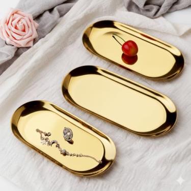Imagem de Kit 3 Bandejas Organizadoras Aço Inox Dourado | Acabamento Espelhado, 23x9cm | Para Joias, Perfumes, Decoração