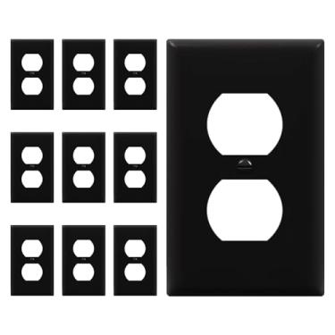 Imagem de Kit de placas de parede pretas com 10 capas de tomada elétrica inquebráveis de policarbonato termoplástico, tampas de plugue de receptáculo elétrico, placas de interruptor preto, capa de interruptor