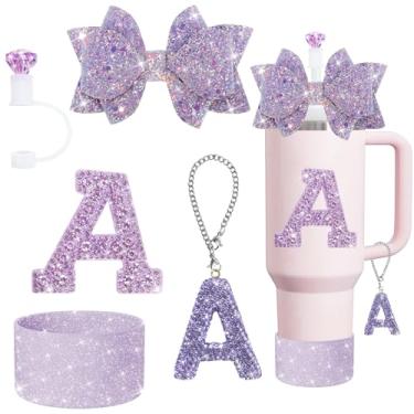 Imagem de XIANGYUAN Conjunto de acessórios de copo Stanley de 5 peças, pingente de letra para copos Stanley, incluindo canudo de diamante, canudo de laço, bota de silicone brilhante para Stanley Cup 850 g ou