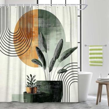 Imagem de JAWO Cortina de chuveiro verde boho, moderna de meados do século, abstratas, plantas florais minimalistas, cortinas de banheiro descoladas para decoração de banheira, tecido lavável com 13 ganchos