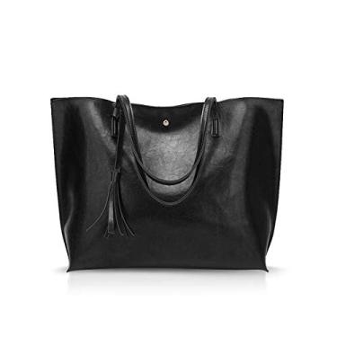 Imagem de NICOLE&DORIS Bolsa feminina bolsa de mão bolsa de ombro de couro PU bolsas de ombro moda bolsa grande, preto, L