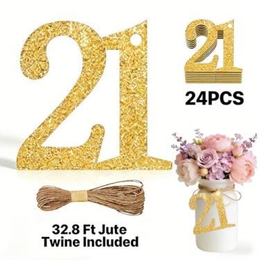 Imagem de ALISSAR 24 peças de etiquetas douradas com fio de juta de 32,8 m – Decorações de aniversário de 21 anos, artigos de festa de 21º aniversário, peças centrais de pote de pedreiro, kit de embrulho de