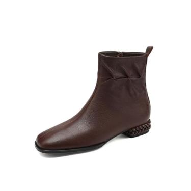 Imagem de TinaCus Bota feminina feita à mão de couro legítimo, bico quadrado, plissada, com zíper lateral, salto plano, Marrom, 38