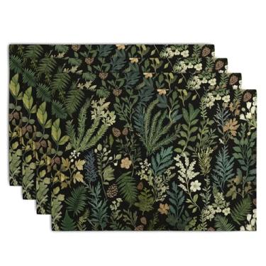 Imagem de Wnoesat Jogo americano de planta verde sálvia preta conjunto com 4 tapetes vintage botânicos de folhas de samambaia, ervas, florais, tapetes de mesa rústicos de tecido de linho para festa, cozinha