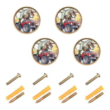 Imagem de Joisal Pacote com 4 maçanetas decorativas de caminhão dinossauro para armários puxadores e puxadores de cômoda dourada, alças para gavetas de 3 cm