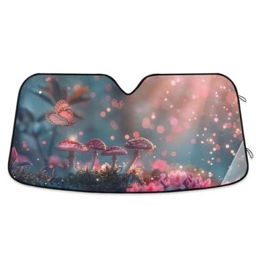 Imagem de Guarda-sol de carro com estampa de floresta de cogumelos mágicos, engraçados, dobráveis, universais, para protetor de janelas dianteiras, S, 134,6 cm x 59,7 cm