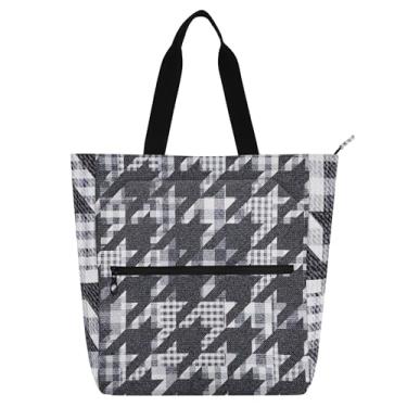 Imagem de Denim Houndstooth Bolsa de trabalho cinza xadrez para mulheres lona praia livro tote com zíper carteiro bolsas livro amante presente