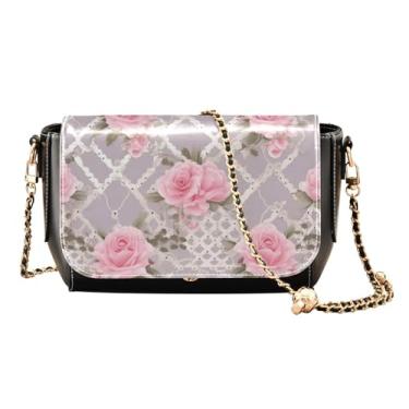 Imagem de Bolsa tiracolo feminina de couro floral em tons de verde, bolsa de ombro de couro médio, bolsa de ombro feminina de couro, Rosas e renda rosa - 1, One Size