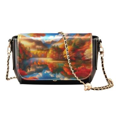 Imagem de GAIGEO Dog is Holding a Heart and Flowers Bolsa de ombro média para mulheres, bolsas de ombro femininas, bolsa transversal de couro feminina, Vista para o lago da floresta de outono, One Size