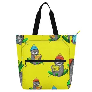 Imagem de GAIGEO Linda bolsa de mão amarela de preguiça para trabalho, lona, praia, livro, bolsa com zíper, bolsa de viagem com compartimentos