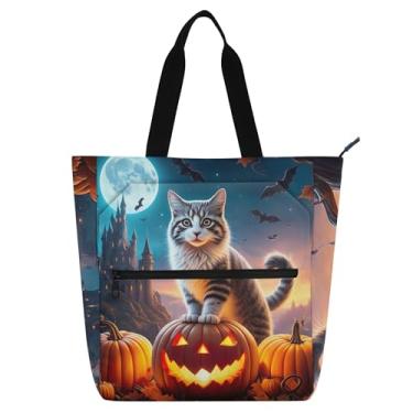Imagem de GAIGEO Bolsa de ombro com zíper médio, gato, abóbora, castelo e lua, para crianças, mulheres, escola, trabalho, viagem, professor, tamanho médio