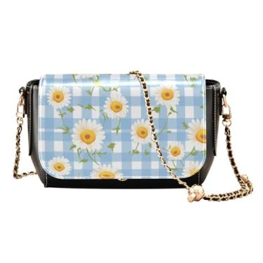 Imagem de GAIGEO Bolsa de ombro feminina de couro com rosas azuis e flores verdes, alça ajustável, Margaridas em guingão azul e branco - 4, One Size
